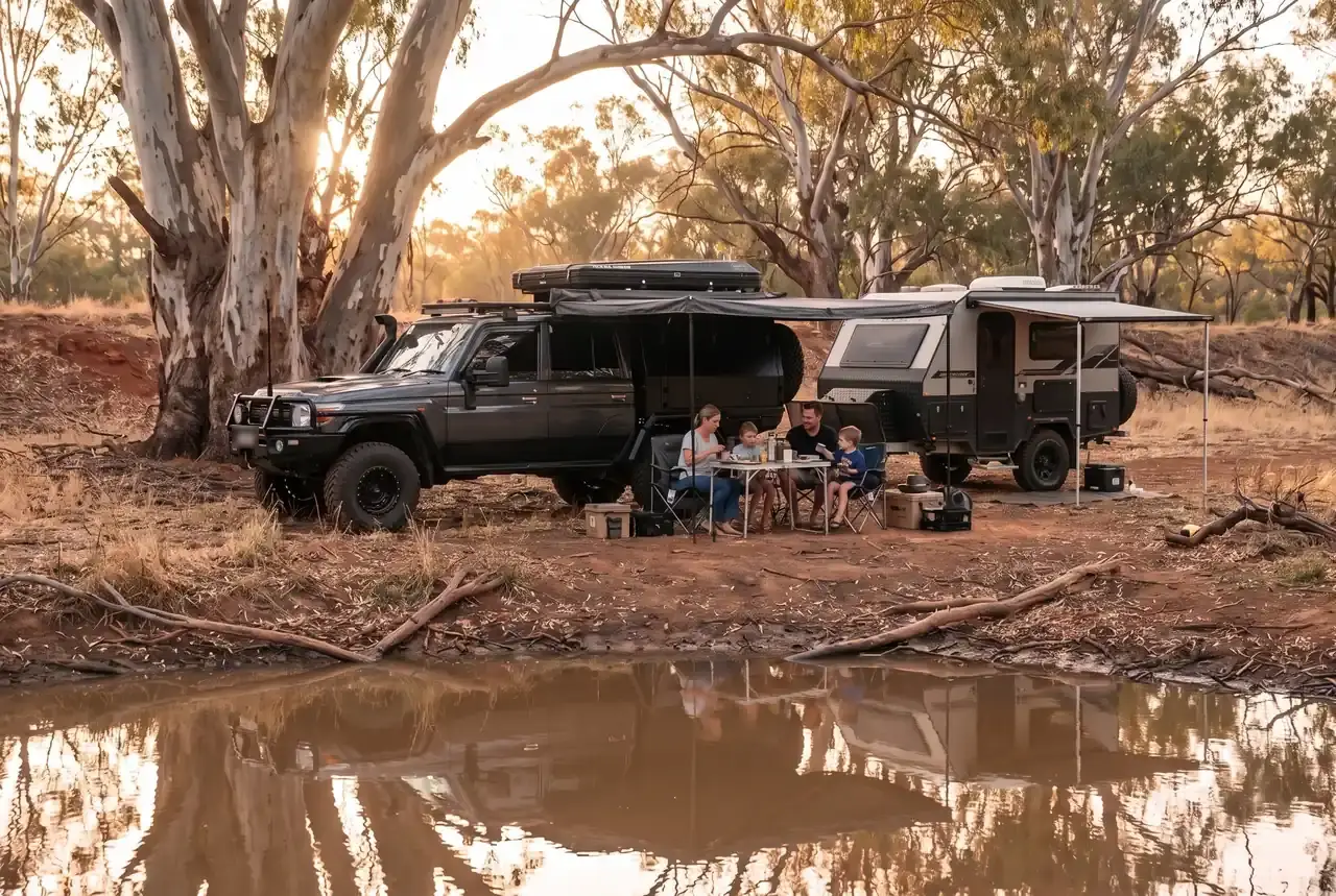 A dark grey dual-cab 79 Series with a black canopy and roof-top tent and an off-road caravan camped beside a still billabong under river red gums, a family at a camp table