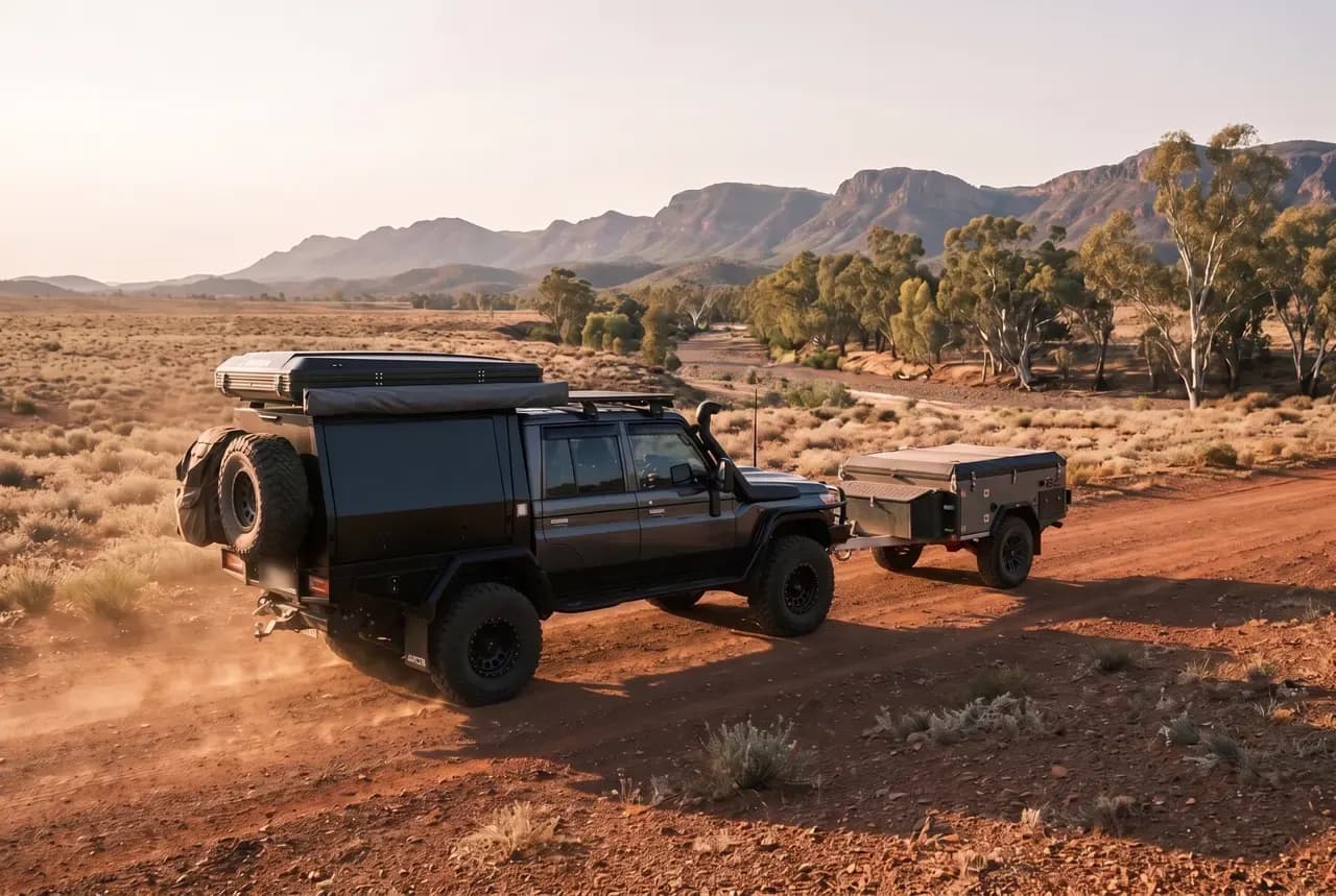 A dark grey dual-cab 79 Series with a black canopy and roof-top tent towing a camper trailer along a red dirt road at golden hour with dry ranges behind