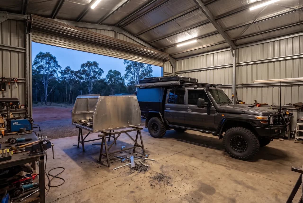 A dark grey dual-cab 79 Series with a black canopy and roof-top tent parked beside a part-built aluminium canopy on trestles inside an Australian workshop shed at dusk